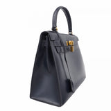 【5he5342-h】エルメス ハンドバッグ ケリー28 ボックスカーフ ネイビー ゴールド金具 ○O刻印【中古】レディース