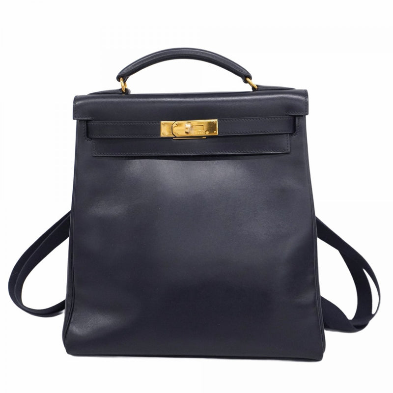 【5he5345-h】エルメス リュック・デイパック ケリーアドGM ボックスカーフ ネイビー ゴールド金具 □C刻印【中古】レディース