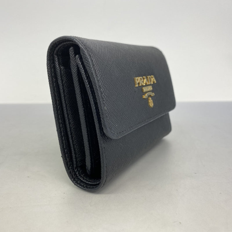 【5he5505-h】プラダ 三つ折り財布 サフィアーノ レザー ブラック ゴールド金具【中古】レディース