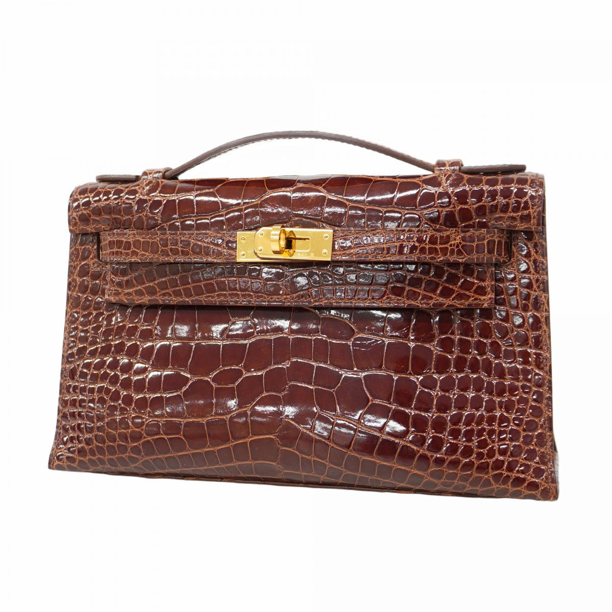 ★SALE【5he5654-g-h】エルメス ハンドバッグ ポシェットケリー アリゲーター ミール ゴールド金具 □M刻印【中古】レディース