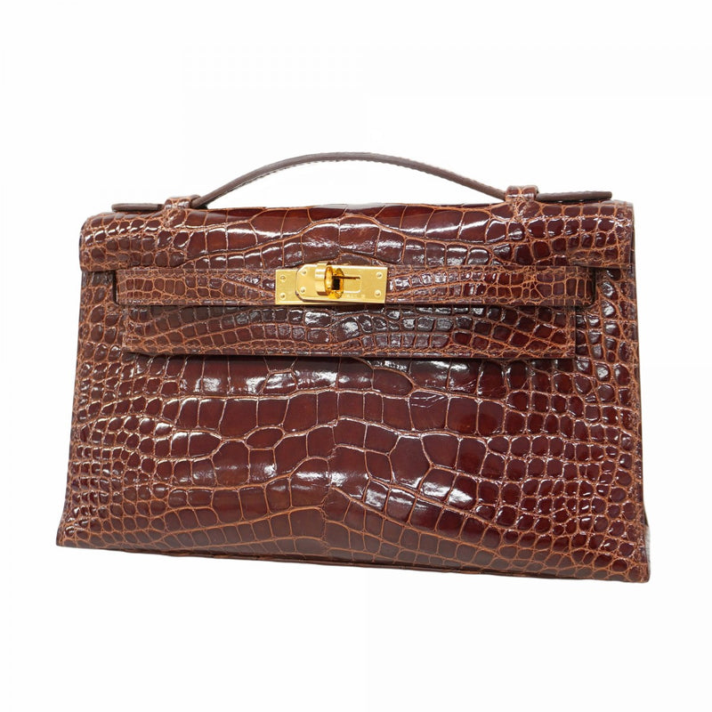 ★SALE【5he5654-g-h】エルメス ハンドバッグ ポシェットケリー アリゲーター ミール ゴールド金具 □M刻印【中古】レディース