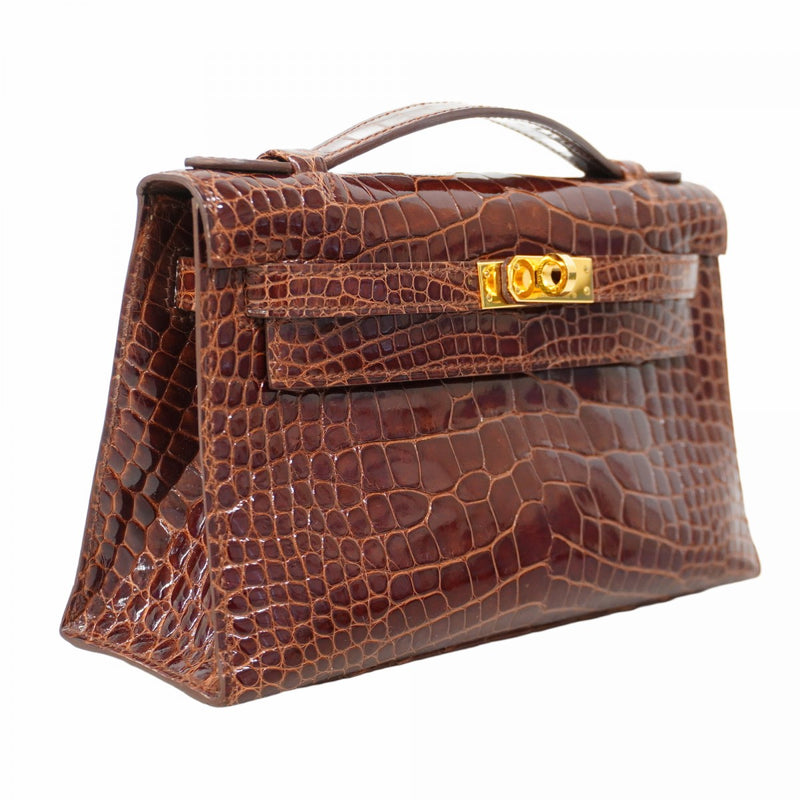 ★SALE【5he5654-g-h】エルメス ハンドバッグ ポシェットケリー アリゲーター ミール ゴールド金具 □M刻印【中古】レディース