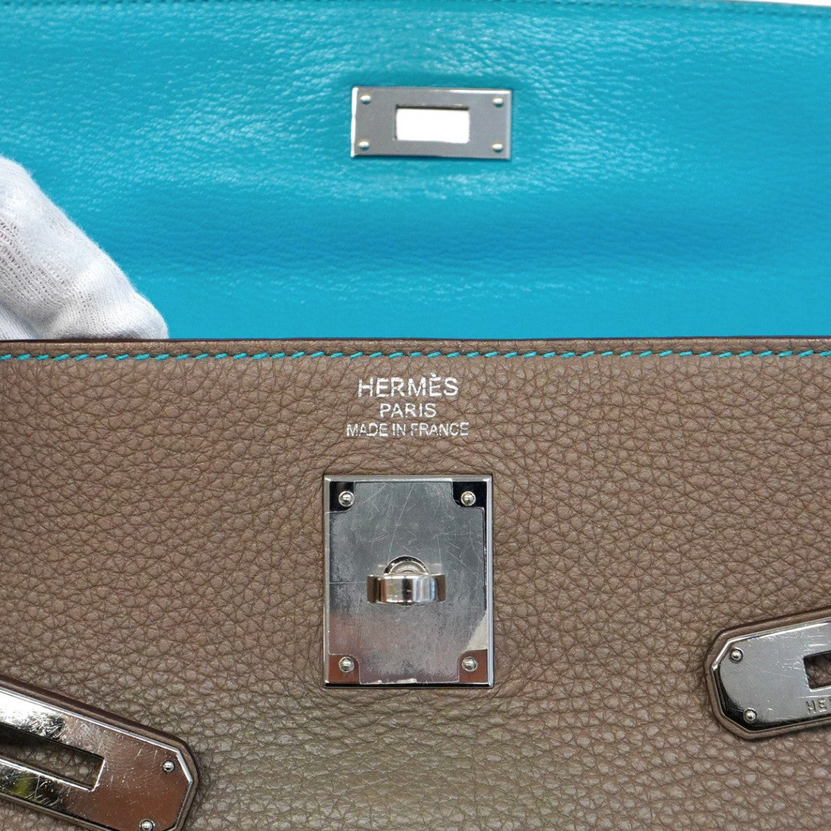 【5he5839】エルメス ハンドバッグ ケリー35 トゴ エトゥープ/ブルーアズティック シルバー金具 □N刻印【中古】レディース