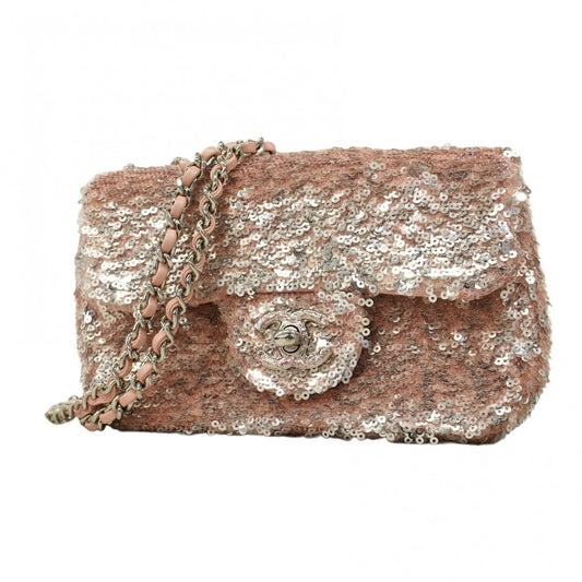 【5ia0330】シャネル ショルダーバッグ Wチェーン スパンコール ピンク シルバー金具【中古】レディース