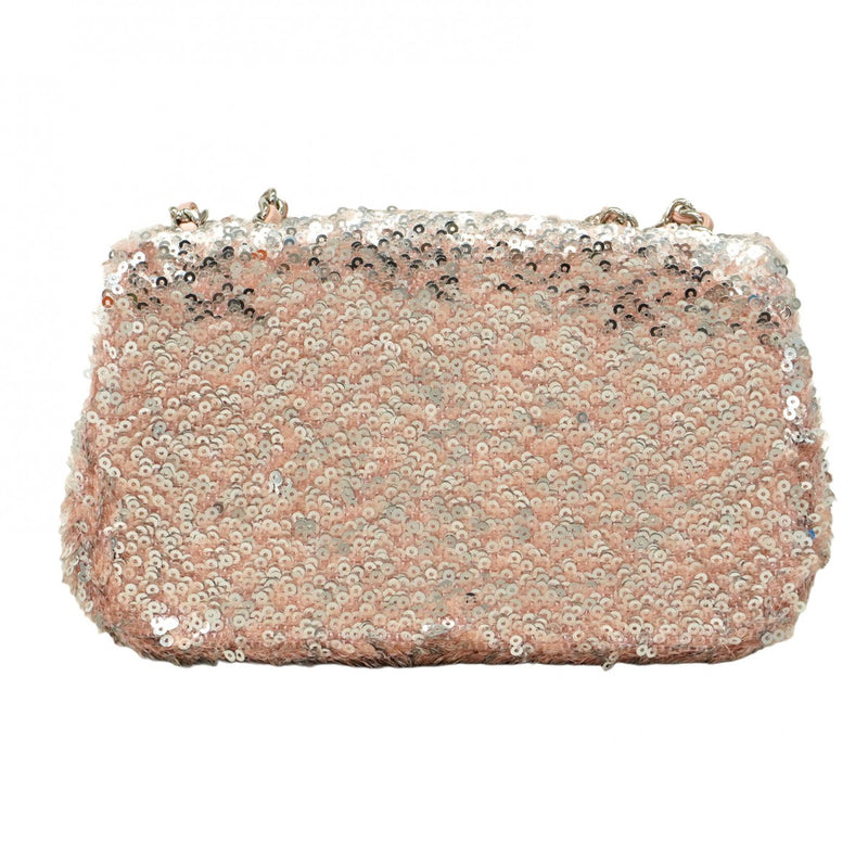 【5ia0330】シャネル ショルダーバッグ Wチェーン スパンコール ピンク シルバー金具【中古】レディース