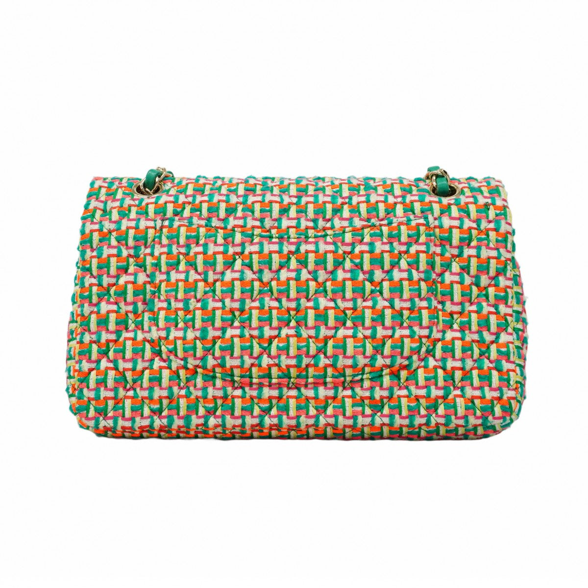 【5ia0547-h】シャネル ショルダーバッグ マトラッセ Wフラップ Wチェーン ツイード グリーン シャンパンゴールド金具【中古】レディース