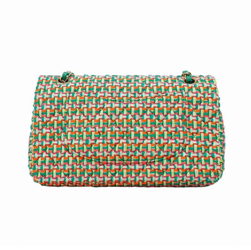 【5ia0547-h】シャネル ショルダーバッグ マトラッセ Wフラップ Wチェーン ツイード グリーン シャンパンゴールド金具【中古】レディース