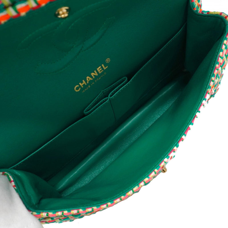 【5ia0547-h】シャネル ショルダーバッグ マトラッセ Wフラップ Wチェーン ツイード グリーン シャンパンゴールド金具【中古】レディース