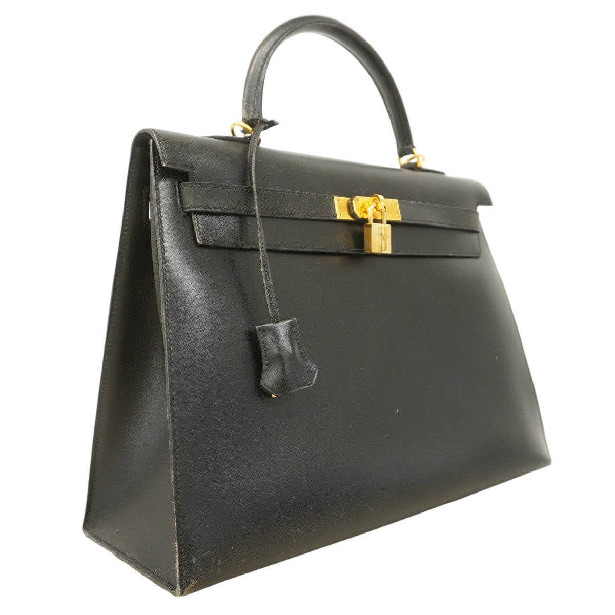 【5ia0940-h】エルメス ハンドバッグ ケリー35 ボックスカーフ ブラック ゴールド金具 □D刻印【中古】レディース