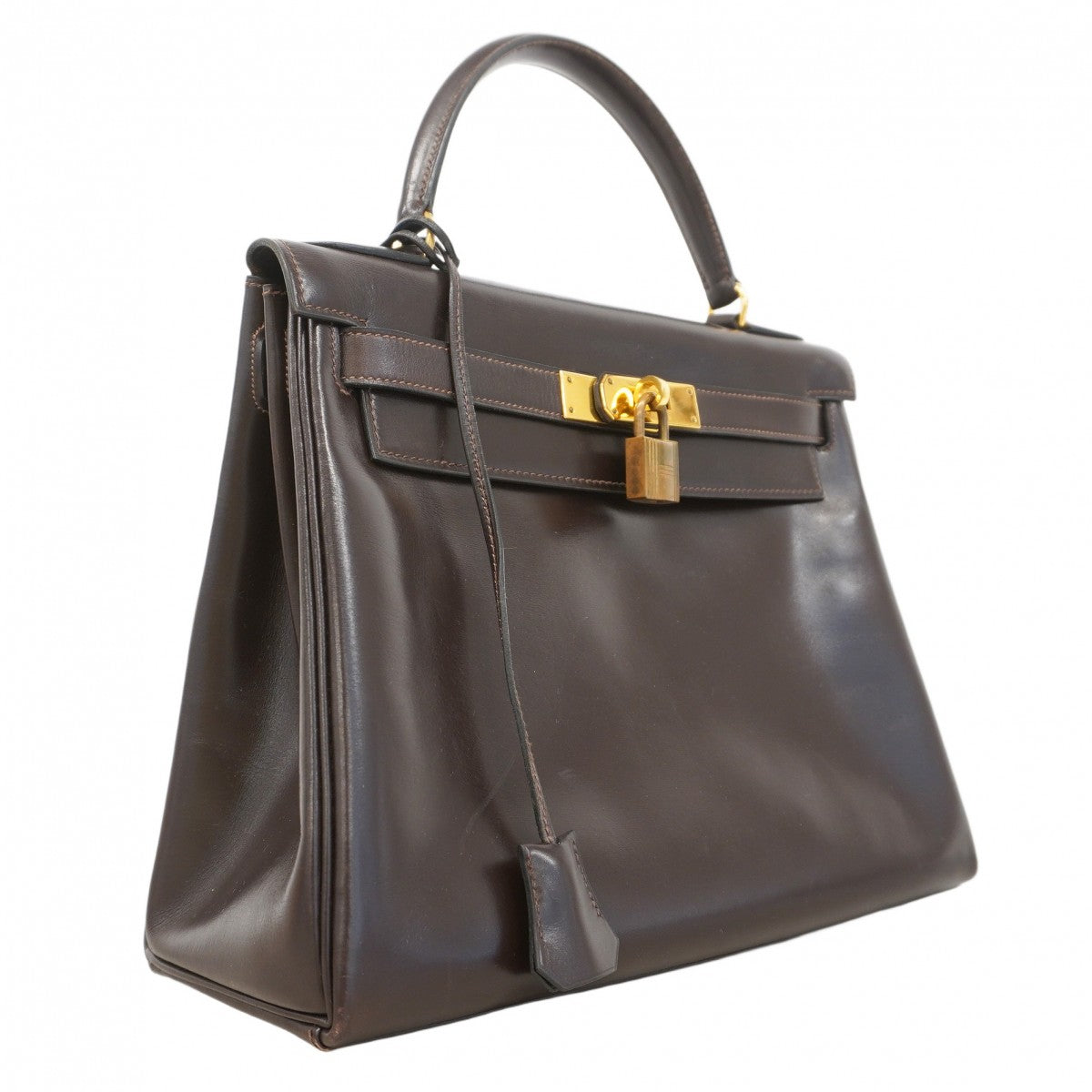【5ia0948-h】エルメス ハンドバッグ ケリー28 ボックスカーフ ブラウン ゴールド金具 〇J刻印【中古】レディース