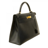 【5ib1497-h】エルメス ハンドバッグ ケリー32 ボックスカーフ ブラック ゴールド金具 〇A刻印【中古】レディース