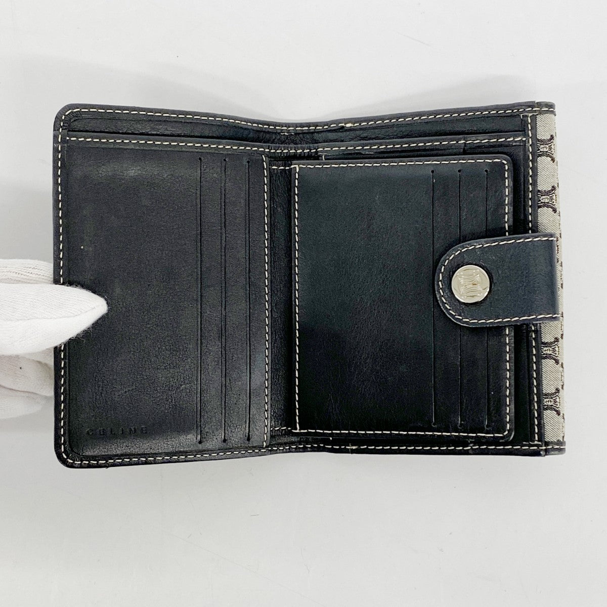 【5ib2586-h】セリーヌ 財布 マカダム ナイロンキャンバス グレー ブラック シルバー金具【中古】レディース