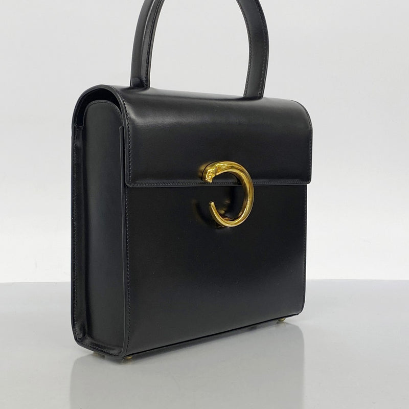 【5ib2637-h】カルティエ ハンドバッグ パンテール レザー ブラック ゴールド金具【中古】レディース