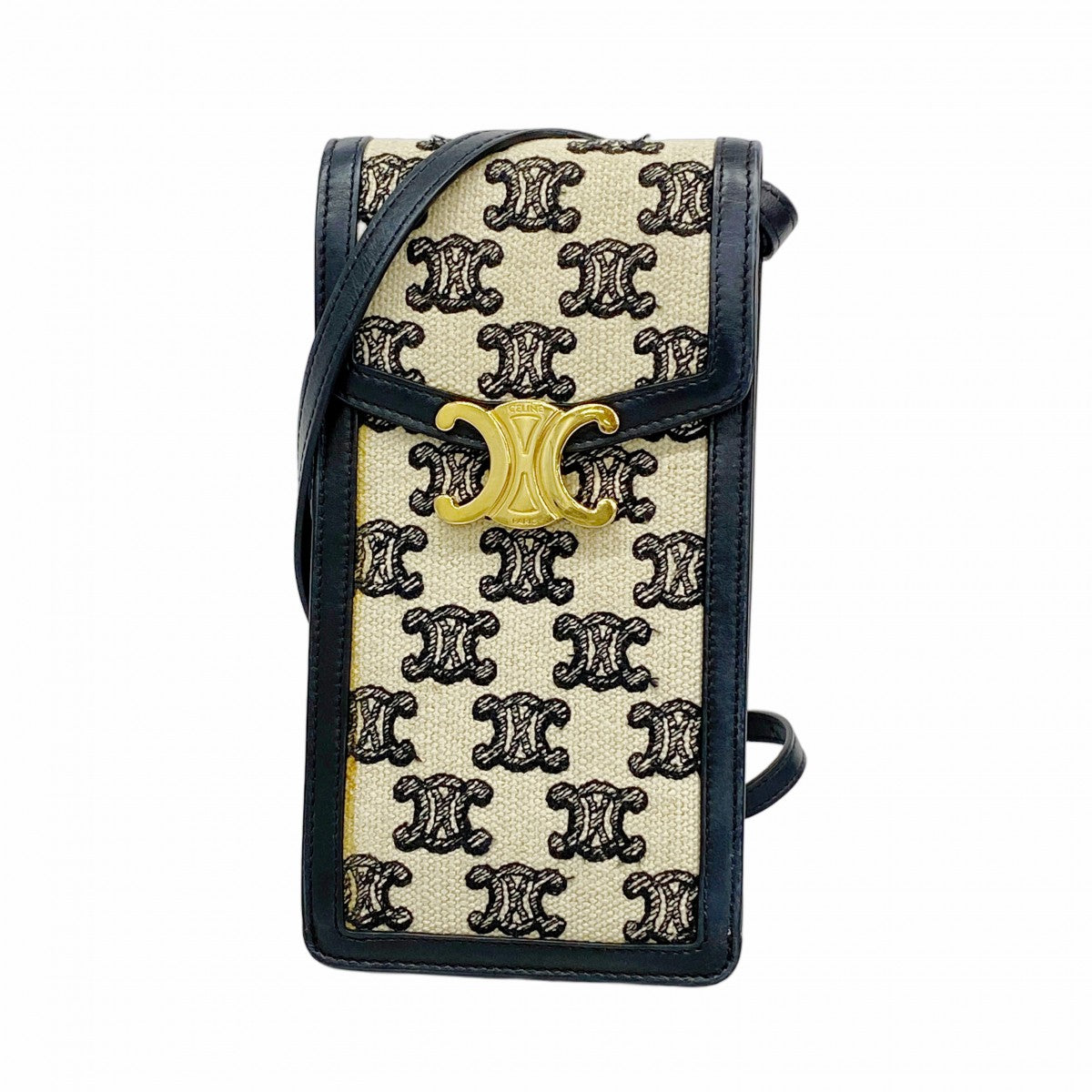 【5ic2697-h】セリーヌ ショルダーバッグ トリオンフ キャンバス ブラック ベージュ ゴールド金具【中古】レディース