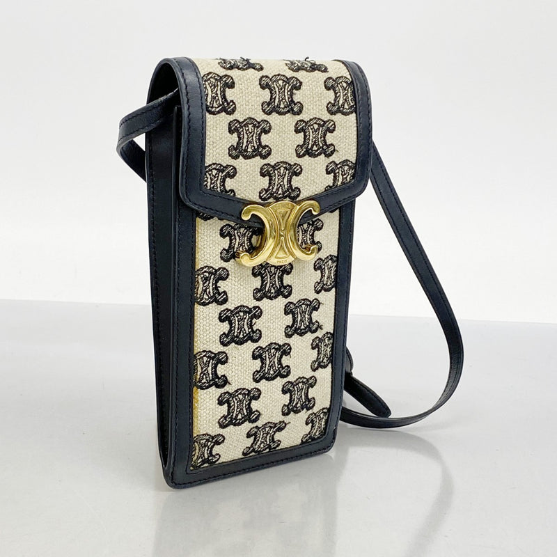 【5ic2697-h】セリーヌ ショルダーバッグ トリオンフ キャンバス ブラック ベージュ ゴールド金具【中古】レディース
