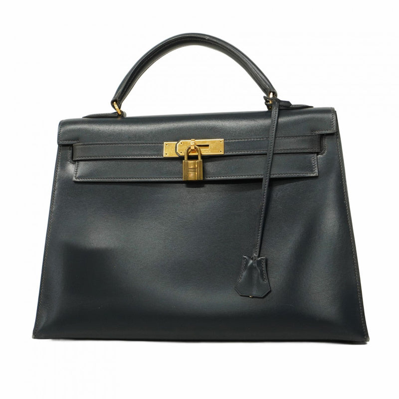 【5ic2744-h】エルメス ハンドバッグ ケリー32 ボックスカーフ ネイビー ゴールド金具 〇M刻印【中古】レディース