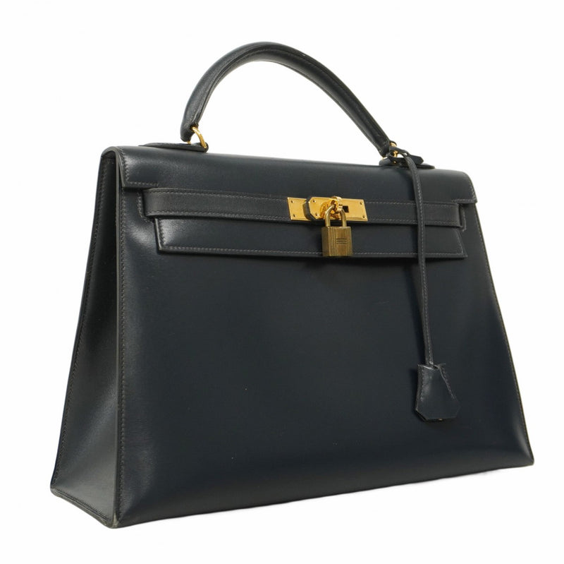 【5ic2744-h】エルメス ハンドバッグ ケリー32 ボックスカーフ ネイビー ゴールド金具 〇M刻印【中古】レディース
