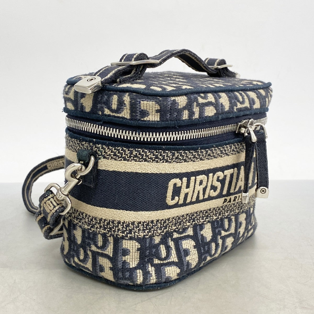 【5ic2794】クリスチャンディオール バニティバッグ オブリーク キャンバス ネイビー シルバー金具【中古】レディース