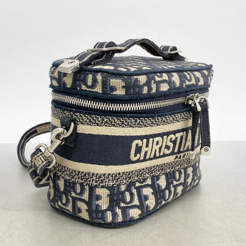 【5ic2794】クリスチャンディオール バニティバッグ オブリーク キャンバス ネイビー シルバー金具【中古】レディース