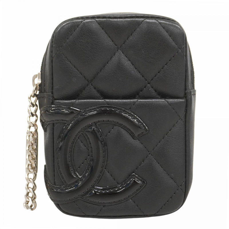 【5ic3739】シャネル ポーチ カンボン ラムスキン パテントレザー ブラック シルバー金具【中古】レディース