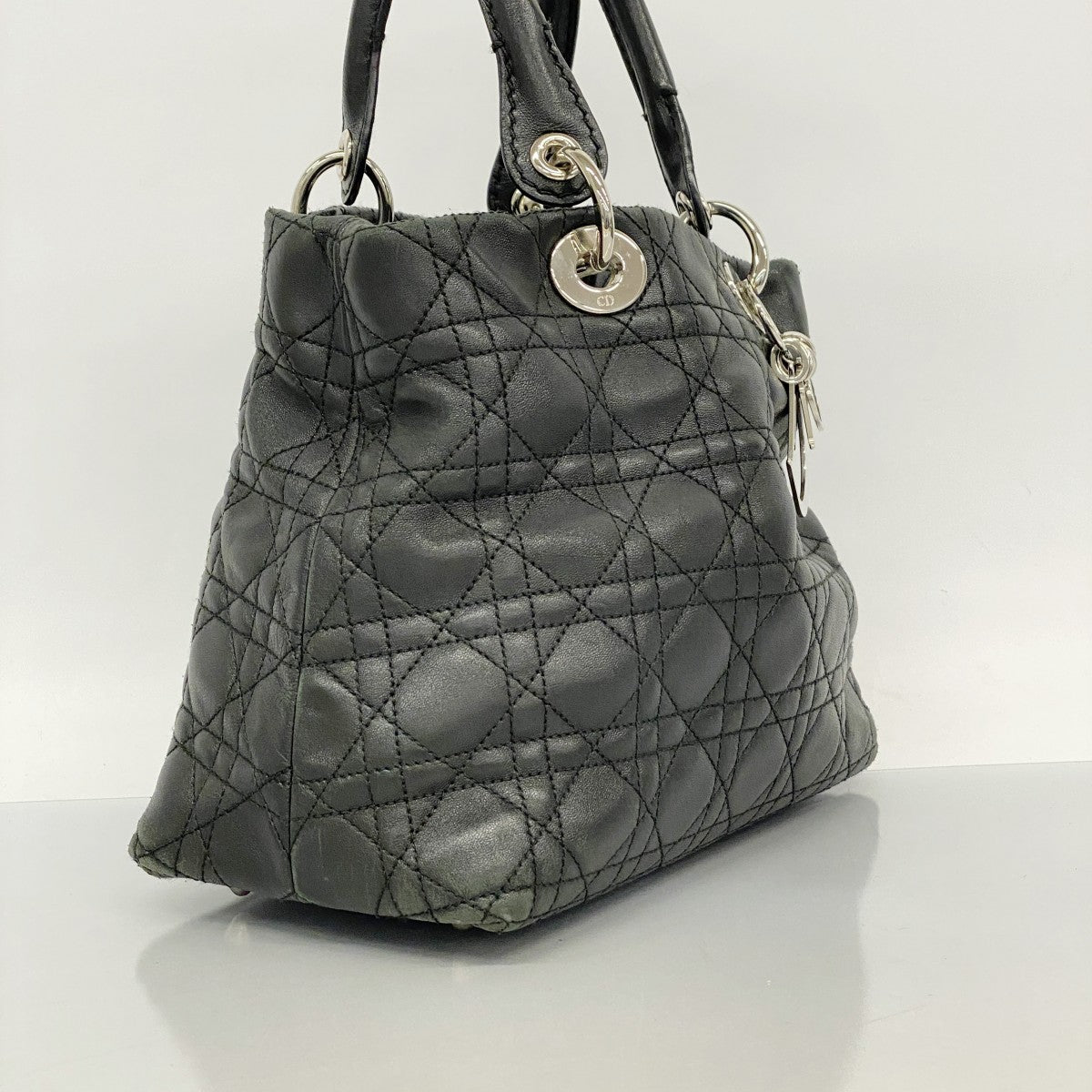 【5id4326-h】クリスチャンディオール ハンドバッグ カナージュ レザー ブラック シルバー金具【中古】レディース