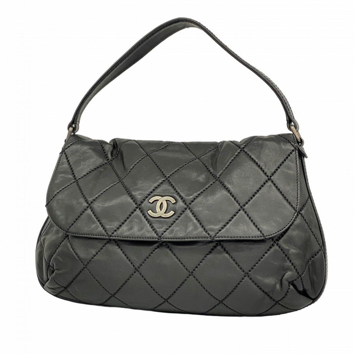 【5id4327-h】シャネル ショルダーバッグ ワイルドステッチ レザー ブラック シルバー金具【中古】レディース