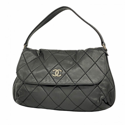 【5id4327-h】シャネル ショルダーバッグ ワイルドステッチ レザー ブラック シルバー金具【中古】レディース