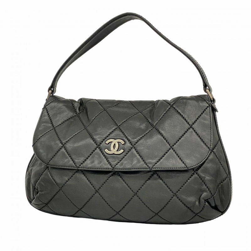 【5id4327-h】シャネル ショルダーバッグ ワイルドステッチ レザー ブラック シルバー金具【中古】レディース