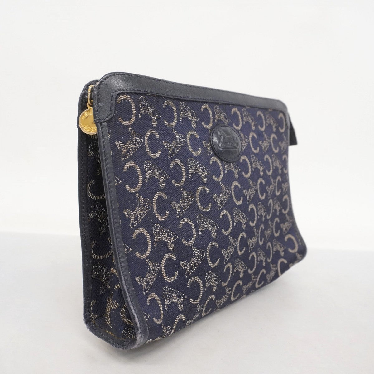 【5id4365】セリーヌ クラッチバッグ Cマカダム キャンバス ネイビー ゴールド金具【中古】メンズ レディース ユニセックス