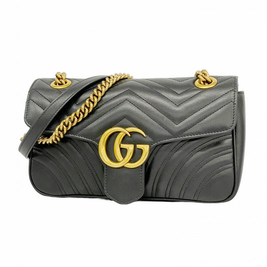 【5id4385】グッチ ショルダーバッグ GGマーモント 443497 レザー ブラック ゴールド金具【中古】レディース