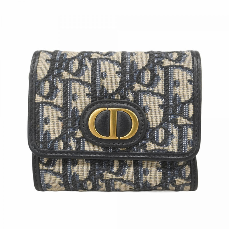 ★SALE【5id5033】クリスチャンディオール 三つ折り財布 トロッター キャンバス ネイビー ゴールド金具【中古】レディース