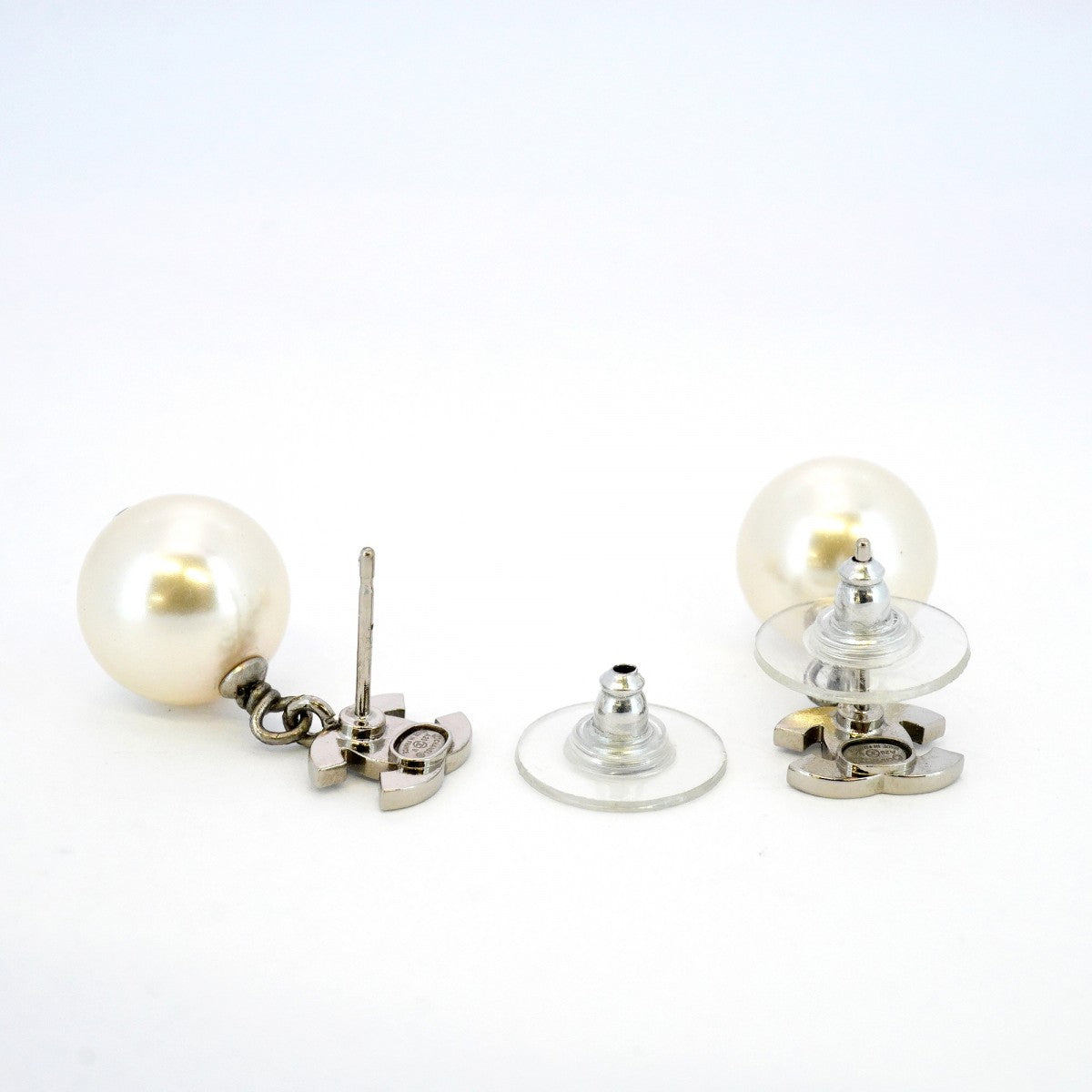 【5jgb0374】シャネル ピアス ココマーク メタル フェイクパール ラインストーン シルバー【中古】レディース