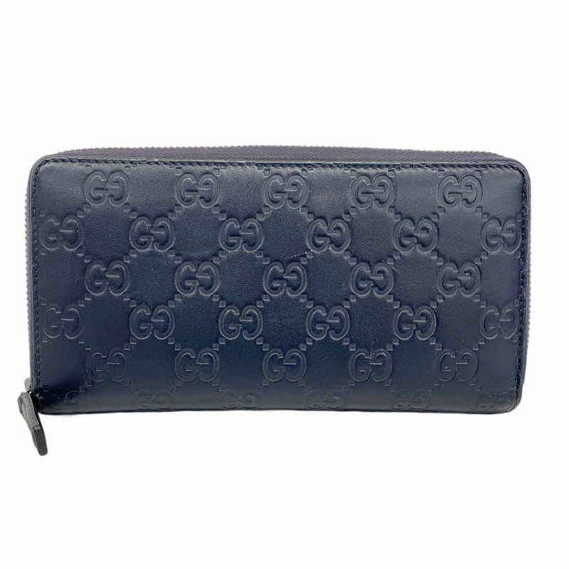 【5mb1658】グッチ 長財布 グッチシマ 307987 レザー ネイビー シルバー金具【中古】メンズ