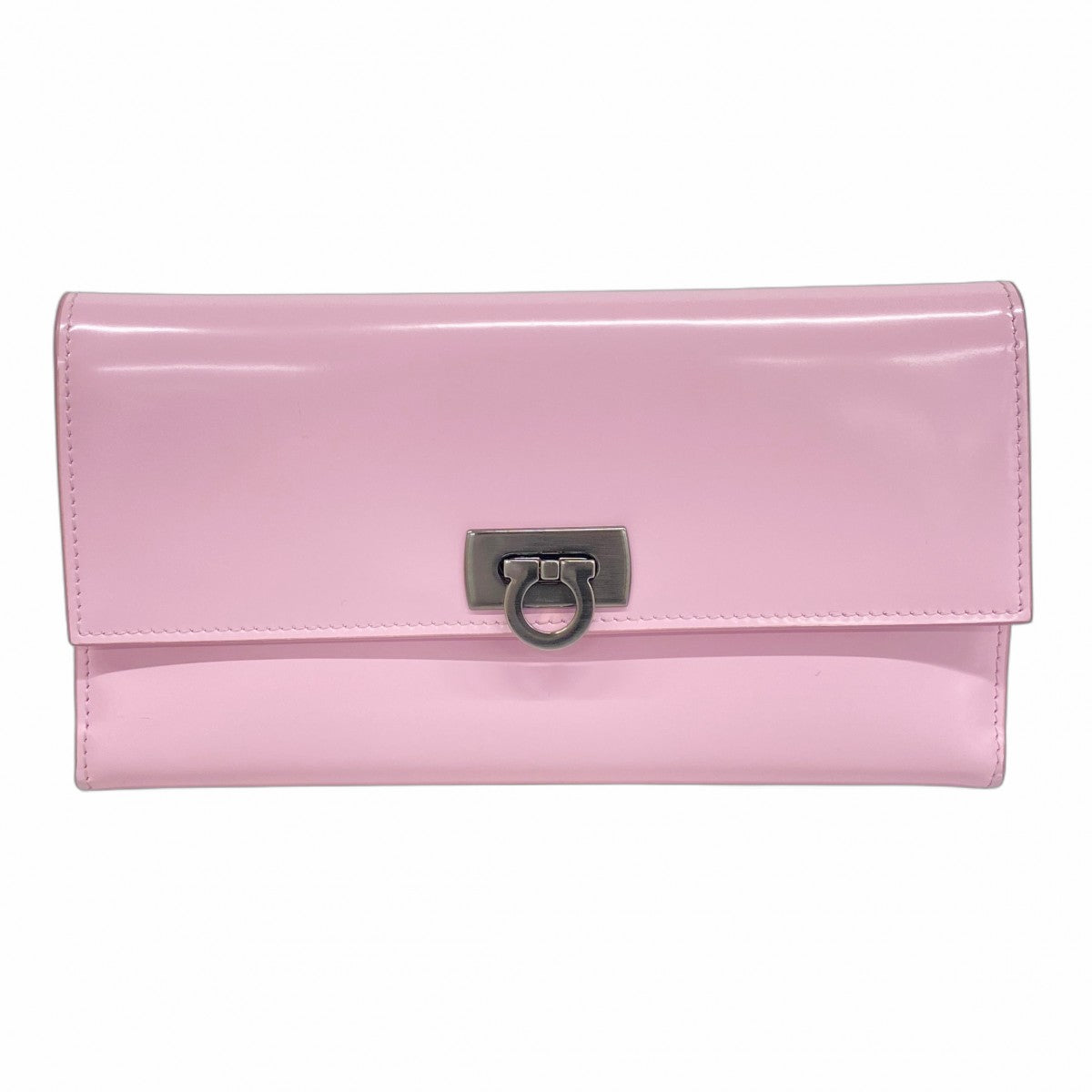 ★SALE【5mb1941-h】サルヴァトーレフェラガモ 三つ折り長財布 ガンチーニ エナメル ピンク【中古】レディース