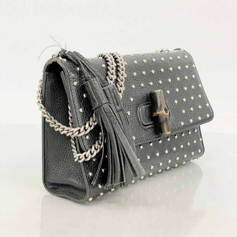 【5mc2605】グッチ ショルダーバッグ バンブー 387611 レザー ブラック シルバー金具【中古】レディース