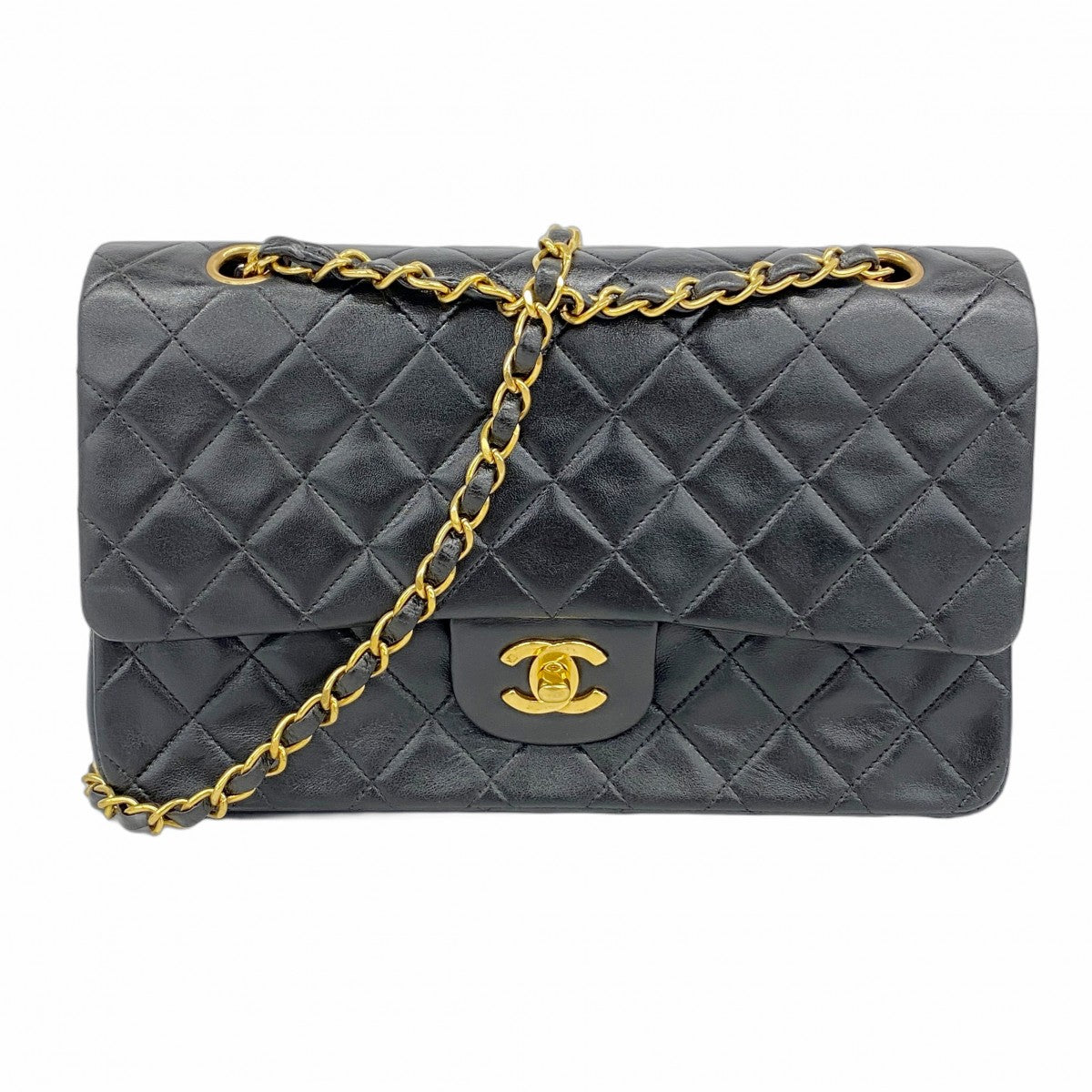 【5me5722-h】シャネル ショルダーバッグ マトラッセ Wフラップ Wチェーン ラムスキン ブラック ゴールド金具【中古】レディース
