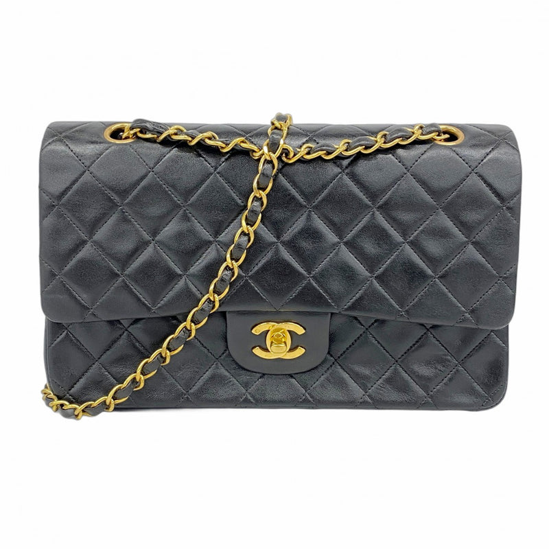 【5me5722-h】シャネル ショルダーバッグ マトラッセ Wフラップ Wチェーン ラムスキン ブラック ゴールド金具【中古】レディース