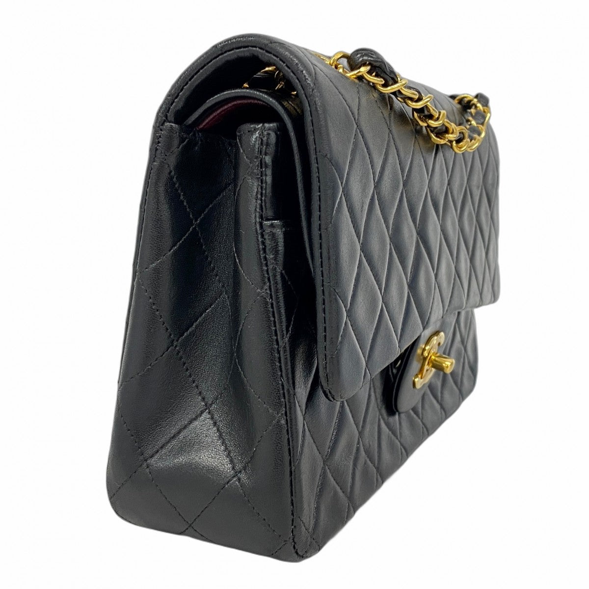 【5me5722-h】シャネル ショルダーバッグ マトラッセ Wフラップ Wチェーン ラムスキン ブラック ゴールド金具【中古】レディース