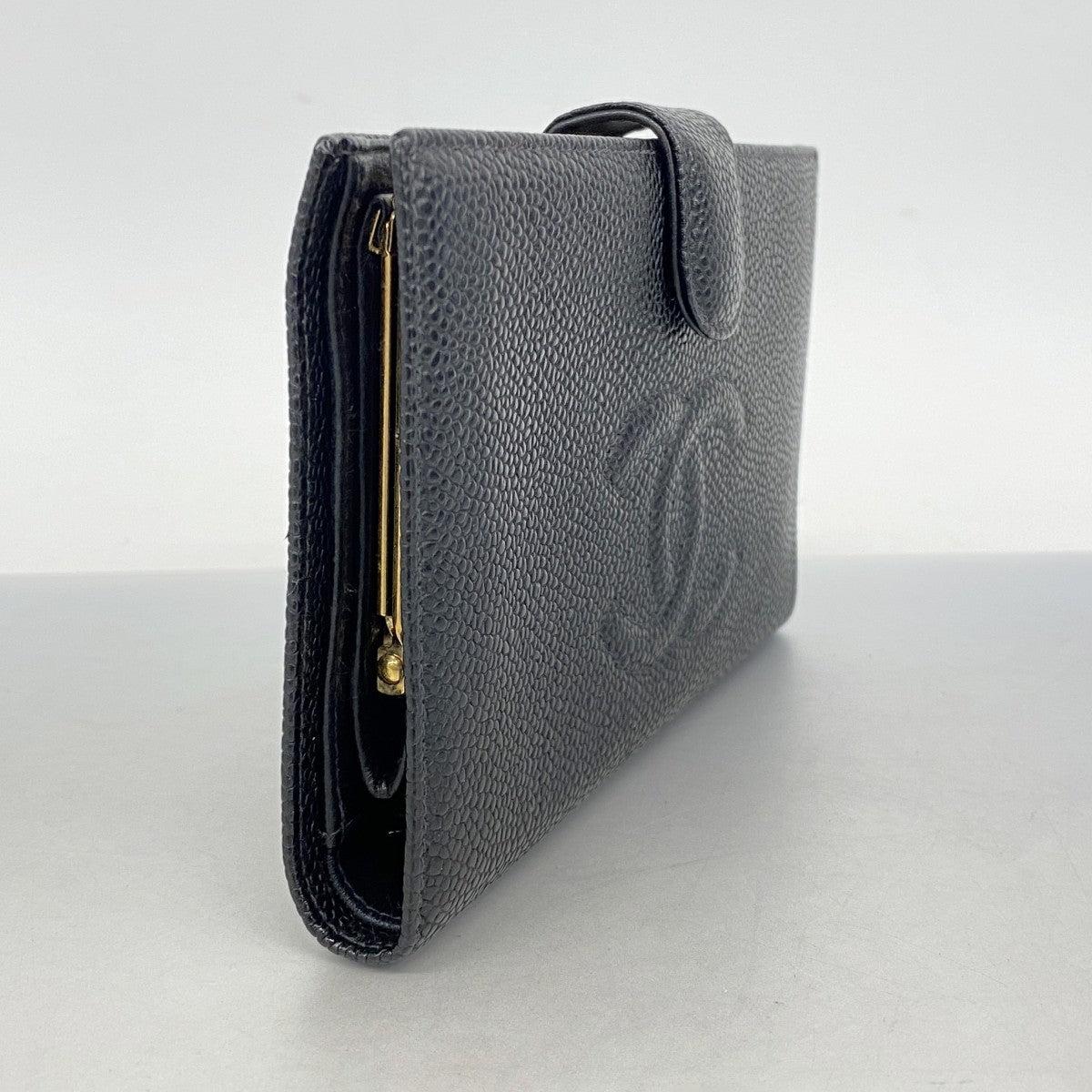 【5me5725-h】シャネル 長財布 キャビアスキン ブラック ゴールド金具【中古】レディース