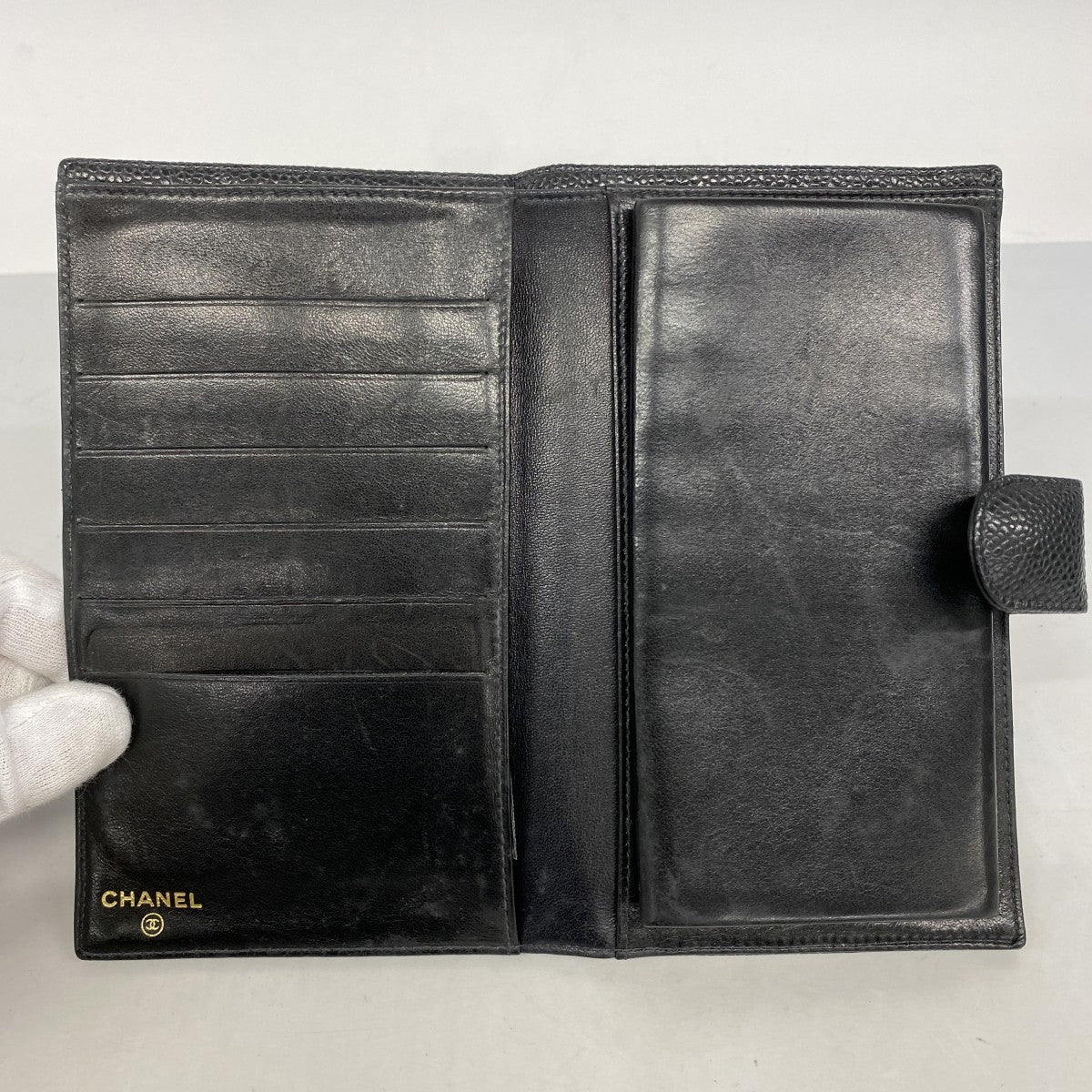【5me5725-h】シャネル 長財布 キャビアスキン ブラック ゴールド金具【中古】レディース