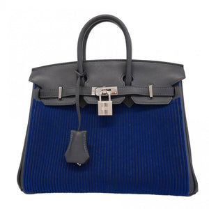★SALE【5oc1109-3-e-g】エルメス ハンドバッグ バーキン25コートアコート スイフト タフタージュ キャバン/ブルーサフィール シルバー金具 B刻印【中古】レディース