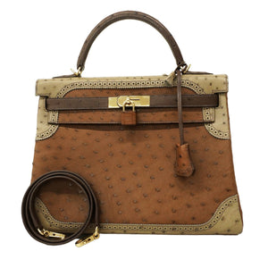 【5oe1123-3-h-g】エルメス ハンドバッグ ケリーギリーズ32 オーストリッチ マロンフォンセ/エトリュクス/ムース シャンパンゴールド金具 □Q刻印 2wayバッグ【中古】レディース