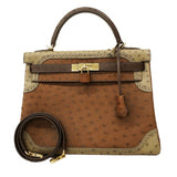 ★SALE【5oe1123-3-h-g】エルメス ハンドバッグ ケリーギリーズ32 オーストリッチ マロンフォンセ/エトリュクス/ムース シャンパンゴールド金具 □Q刻印 2wayバッグ【中古】レディース