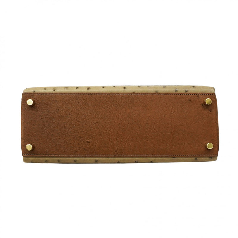 ★SALE【5oe1123-3-h-g】エルメス ハンドバッグ ケリーギリーズ32 オーストリッチ マロンフォンセ/エトリュクス/ムース シャンパンゴールド金具 □Q刻印 2wayバッグ【中古】レディース