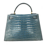 ★SALE【5od1116-2-h-g】エルメス ハンドバッグ ケリー28 ポロサス ブルー ゴールド金具 □A刻印 2wayバッグ【中古】レディース