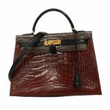 ★在庫処分★最終価格★SALE【5od1116-3-h-g】エルメス ハンドバッグ ケリー32 トリコロール アリゲーター ブラウン ブラック グレー ゴールド金具 〇V刻印【中古】レディース