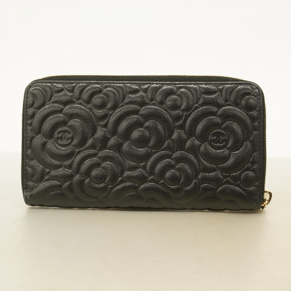 5od4031】シャネル 長財布 カメリア キャビアスキン ブラック ゴールド