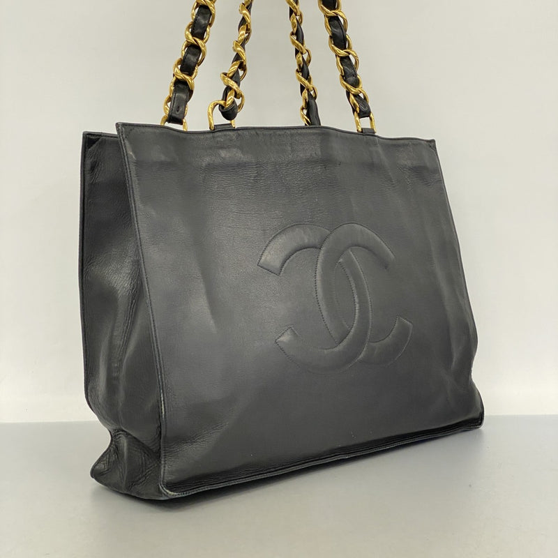 5od4522-h】シャネル トートバッグ ラムスキン ブラック ゴールド金具