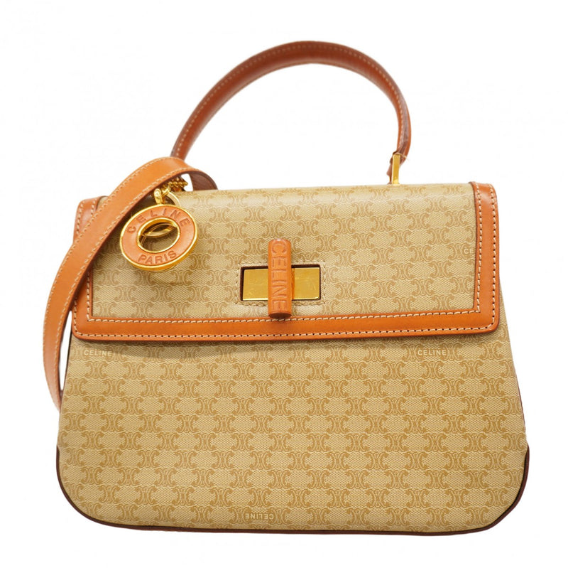 5od4689】セリーヌ ハンドバッグ マカダム PVC ブラウン ゴールド金具