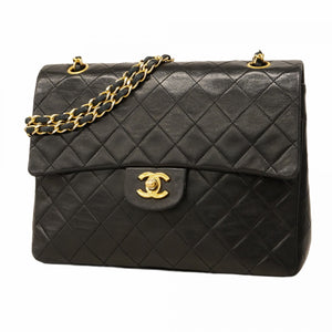 【5oe5589-h】シャネル ショルダーバッグ マトラッセ Wフラップ Wチェーン ラムスキン ブラック ゴールド金具【中古】レディース